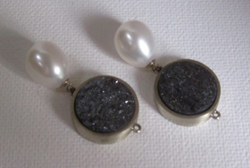 Black Drusy Discs with Pearl Earrings